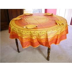 Provence tablecloth yellow orange floral coated cotton tablecloth 70" diameter + napkins