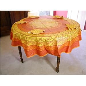 Provence tablecloth yellow orange floral coated cotton tablecloth 70" diameter + napkins