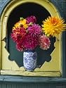 Dahlia Flowers in Vase, Ornate Window Frame, Bellingham, Washington, USA Botanical Photographic Poster Print by Steve Satushek, 30x40