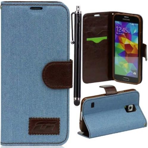 Ezydigital CBcarryberry Denim Flip Magnet Premium Stand Wallet Leather Case with Credit Card Slots and Stylus for Samsung Galaxy S5 I9600(Light Blue)