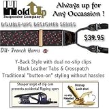 Black suspenders with burgundy French horn pattern