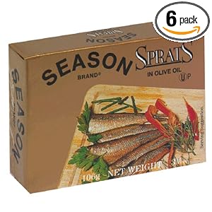 SEASON Sprats, Lightly Smoked in Olive Oil, Salt Added, 3.75-Ounce Tins (Pack of 6) by SEASON