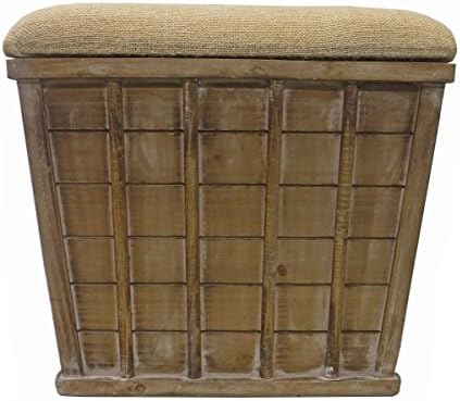 Farmhouse French Wood Storage Stool with Padded Seat and Whitewashed Finish