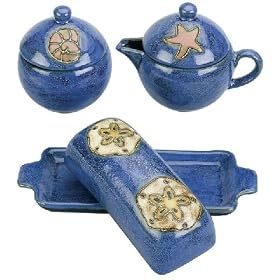 MARA Stoneware CREAMER SUGAR BOWL And BUTTER DISH Sea Shell Blue Design SET by CollectibleXchange