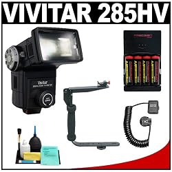 Vivitar 285HV High Power Auto Zoom Thyristor Flash + Bracket + Cord + (4) AA Batteries & Charger + Cleaning Kit for Nikon D3000, D3100, D5000, D5100, D7000, D300s, D3 & D3s Digital SLR Cameras