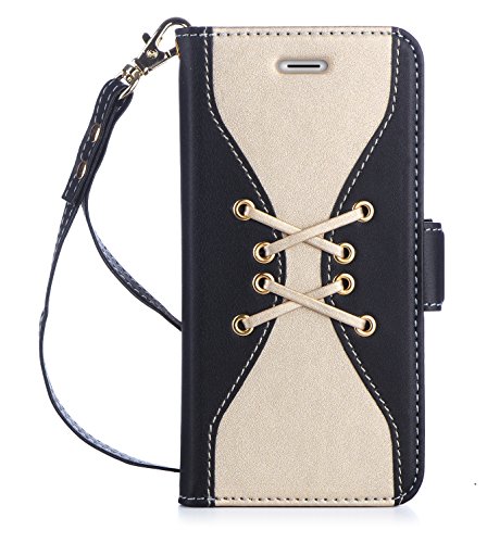iPhone 7 Case, iPhone 7 Wallet Case, WWW [Lace Series] RFID-Resisting PU Leather Wallet Case Flip Phone Case Cover with Card Slots for Apple iPhone 7 Gold+Black