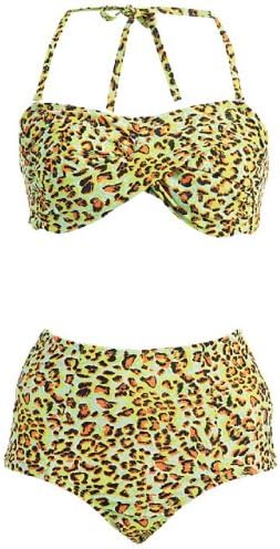 B118 Sexy Halter Removable Straps Bandeau Twist Bikini High Waisted Swimsuit (Small, CHEETAH GREEN)