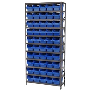 AKRO-MILS AS1279090 Powder Coated Steel Shelving Unit with 10 Shelves and 50 Blue 30090 ShelfMax Shelf Bins, 12-Inch D by 36-Inch W by 79-Inch H, Grey