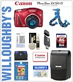 Canon PowerShot SX150 14.1 MP Digital Camera with 12x Wide Angle Optical IS Zoom (Red) + Canon Deluxe Leather Case + 8BG SDHC Memory Card + Sunpak Gripping Tripod and Much More! Willoughby's Est. 1898 Deluxe Point and Shoot Bundle
