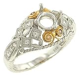Ladies Antique Style Engagement Ring with Round and Princess Cut Bezel Diamonds and Milgrain Trim Diamond .27cttw H/i Si2 (Center Stone Not Included)