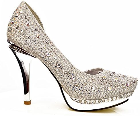 Fantasyshoes Women's Diamante Cut Out Side Pointed Toe Mirror Platform Stiletto Silver 6 US