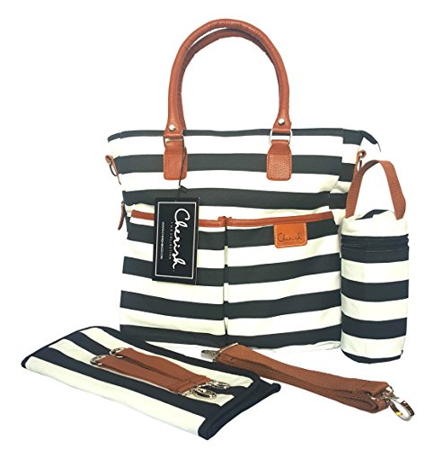 Baby Multi-Purpose Diaper Bag - Spacious, stylish trendy, Quality Cotton Canvas design by CherishBags - BONUS Padded Changing Mat, Insulated Bottle Bag and 2 Stroller Straps