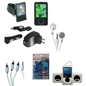 11-piece FULL ACCESSORY BUNDLE BLACK SET for Microsoft Zune 80GB : BLACK Leather Case + Foldable Amplified Speakers + BLACK Slicone Skin Case + Armband + Neck String + Wall Charger + Car Charger + USB Sync/Data Cable + Stereo Headphone + Screen Protector+ AV Cable
