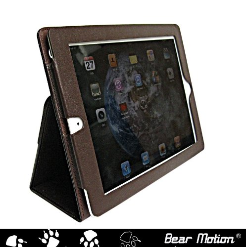 Bear Motion (TM) Genuine Leather Case for iPad 2 / iPad 3 (the New iPad) with 3-in-1 built-in Stand - Support Smart Cover Function(Brown)