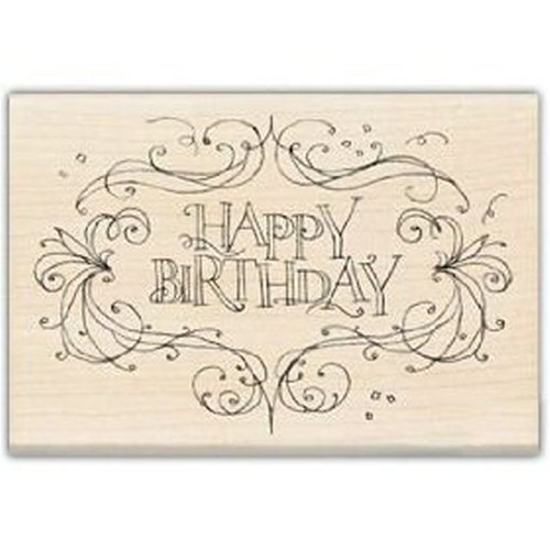 Rubber Stamp With Wood Handle-Happy Birthday Flourish Frame