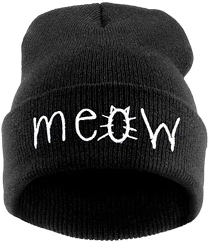 Meet Color Unisex Warm Winter MEOW Knitted Wool Skullies Beanie Hip-Hop Hats Black