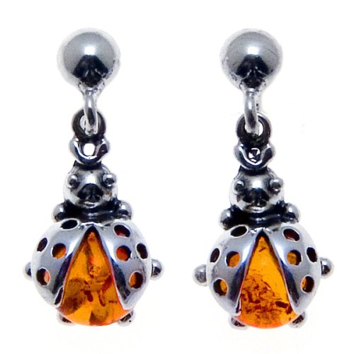 Certified Genuine Honey Amber and Sterling Silver Ladybug Earrings