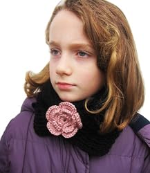 Handmade Acrylic Neckwarmer for Girls - Black with Cinammon Pink Crocheted Fl...
