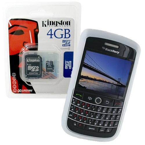 Kingston 4GB microSDHC Class 4 Memory Card with SD Adapter and White Silicone Skin Case for Blackberry Onyx 9700