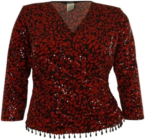 MSK Women's Sequined Beaded V-Neck Jersey Blouse (2X, Red/Black)