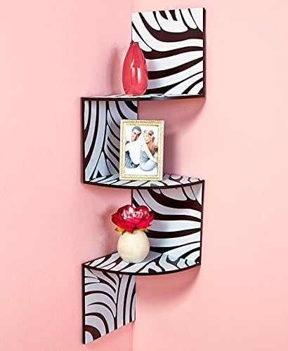 Zebra Print Wooden Zigzag Corner Wall Shelf for Decor and Storage