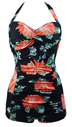 Cocoship Floral Black Elegant Retro Boy-Leg One Piece Vintage Ruched Swimwear Swimsuit 14(FBA)