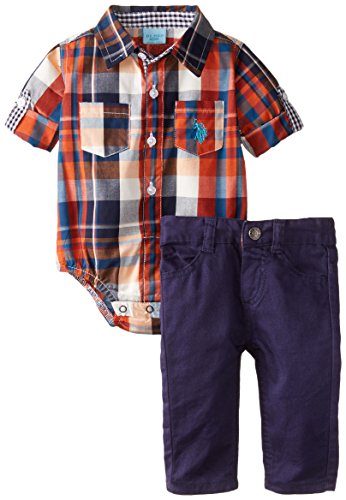 U.S. Polo Assn. Baby-Boys Newborn Peached Twill Jean and Plaid Sport Shirt
