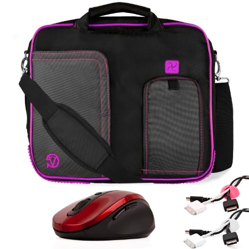 PURPLE Orderly BLACK Pindar Durable Water-Rebellious Nylon Protective Carrying Case Envoy Shoulder Bag For Sony Vaio Y Series 11-inch Notebook Netbook + Dead white Cable Organizer + Pink Cable Organizer + Red Wireless Laser 2.4Ghz Mouse w/ BACK and Send o