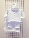 Cpk641bk, Knitted on Hand Knitting Machine White and Blue Tweed Cotton, Finished by Hand Crochet Cardigan Sweater, Pant, Hat Set with matching blanket