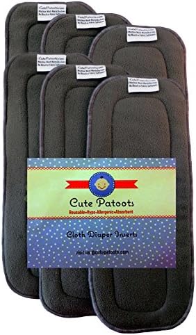 Cute Patoots- 5 Layer Charcoal Bamboo Reusable Cloth Diaper Inserts (6 Count)