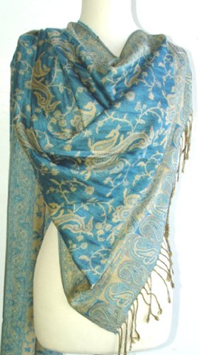 Elegant Turquoise Reversible Paisley Pashmina Silk Shawl Wrap