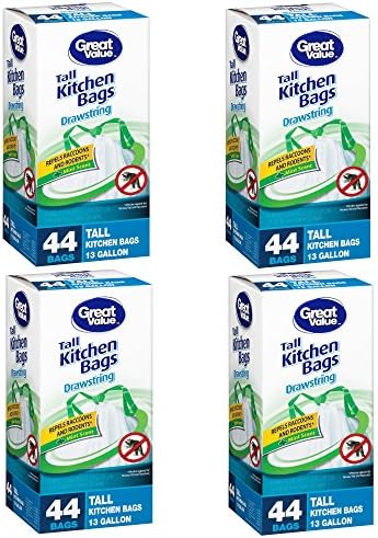 (Pack of 4) 13 Gallon Drawstring Trash Tall Kitchen Bags, 44 count, Great Value