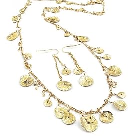Gold Tone Round Disc Necklace Earring Set Long 40" Necklace