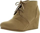 City Classified Rex-S Women's Lace Up Faux Leather Ankle Wedge Boots,Natural,8.5