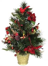 2' Potted Decorated Red Cardinal & Poinsettia Christmas Pine Tree