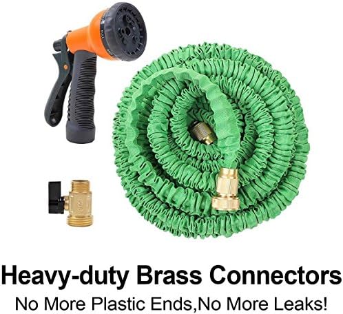 HydroHose(TM) Expandable Garden Hose Water Pipe w/ 7 Pattern Spray Nozzle. Expands 3x in Length. Green, Blue, Orange, Dark Green 25/50/75/100/150 FT (Feet). Heavy Duty Double Layer Latex Tube, Strong & Durable Polyester Fabric, Lightweight, Flexible, No Kink or Tangle, Shrinkable, Retractable. (100 FT, Green - Brass Fittings)