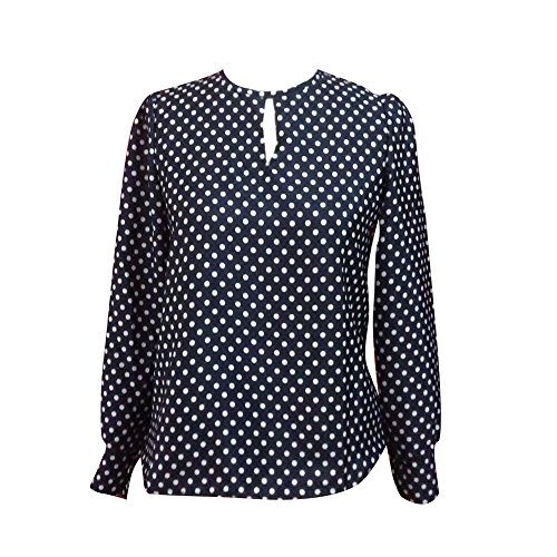 Weixinbuy Women Casual Chiffon Crew Neck Long Sleeve Blouses Polka Dots Shirts Navy M