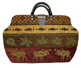 ArtisanStreet's Purple, Green  Brown Chenille Carpet Bag with Moose Design. Includes Shoulder Strap. Features Design of Antlered Moose. Limited Edition. Use As An Overnight Bag Or Even As A Briefcase.