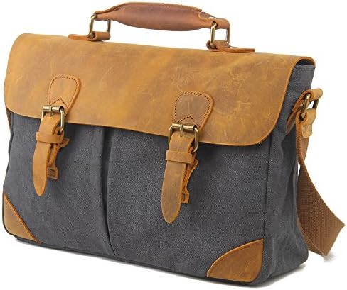 Samic® Handmade Retro Canvas Leather Messenger Bag Fit For 14" Laptop (Dark Grey)