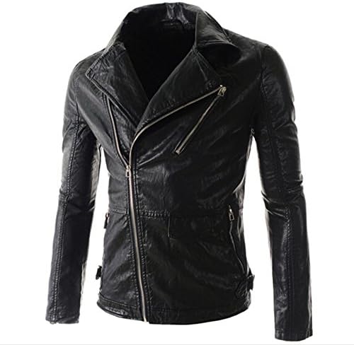 HEBEW Men's Unique Lapel Zippers Motocycle Pu Lether Jacket(LULO1)-Small Black