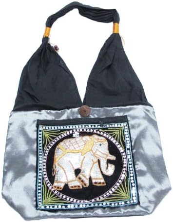 "Hit Hot" Pretty Sequin Embroidered (ROYAL ELEPHANT) Handcrafted Thai Silk and Cotton Shoulder Bag Gray
