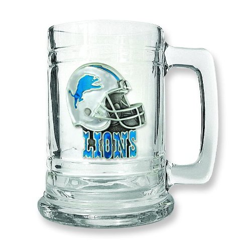 Detroit Lions Glass NFL Football Heavy Tankard Mug 15oz. Pewter Helmet logo.