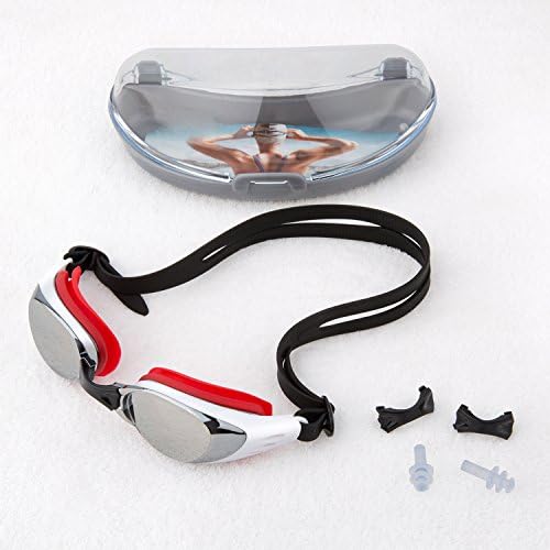 Swim Goggles For Men,Women,Kids, No Leak Anti Fog Goggles with UV Protection Easily Adjustable Comfortable with Strong Protective Case，Complimentary swim ear plugs included (red and black)