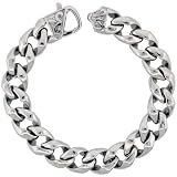 Stainless Steel Large Cuban Curb Link Chain Bracelet w/ Fleur De Lis on Clasp, 8.5 in.