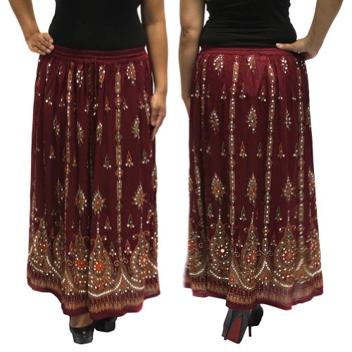 LSQ53 Maroon DISCOUNTED LONG SEQUIN Boho Gypsy Lightweight UNLINED Skirt with Orange Details