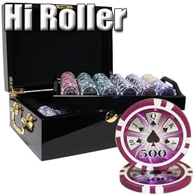 500 Ct Hi Roller 14 Gram Clay Poker Chip Set w/ Black Mahogany Wooden Case – Free Dealer Button and Cards