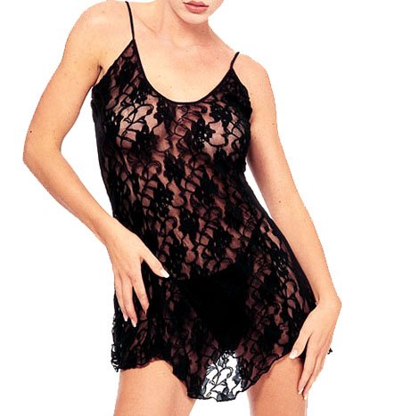 2PC Rose Lace Flared Chemise Sexy Lingerie Intimate Apparel with G-String