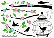 Easy Instant Home Decor Wall Sticker Decal - Color Blossom and Birds in Tree Silhouette