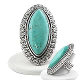 Burnished Silvertone Long Turquoise Stretch Ring