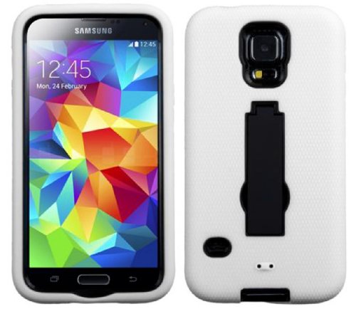 myLife Bright White and Dark Raven Black - Shock Suit Survivor Series (Built in Kickstand + Easy Grip Silicone) 3 Piece + 2 Layer Case for NEW Galaxy S5 (5g) Smartphone By Samsung (External Flex Silicone Bumper Gel + Internal 2 Piece Rubberized Snap Fitted Armor Protector + Shock Absorbing Material)